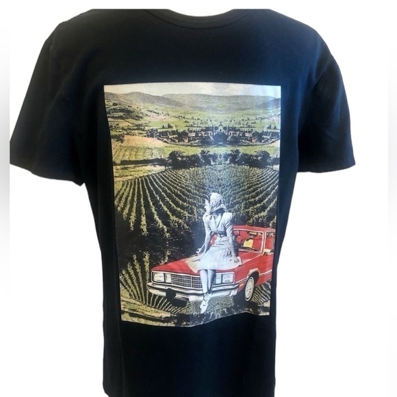 Graphic Tee Black Original Artist Design Collage Print Scenic Retro Handmade - Picture 1 of 11